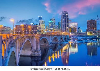 Cityscape of Minneapolis downtown skyline in Minnesota, USA at sunset