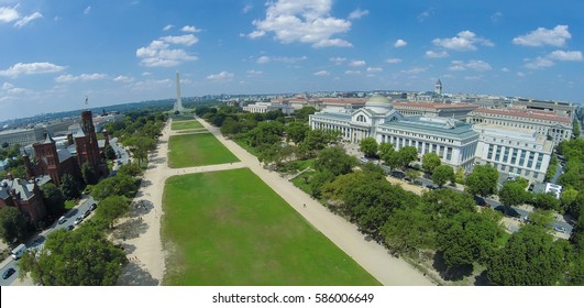 Cityscape with Museum of Natural History and Smithsonian Institution Building not far from Washington Monument on National Mall at summer sunny day in Washington DC. Aerial panorama