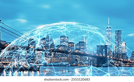Cityscape of New York at night with glowing digital network connections overlay, portraying the concept of smart city and IoT technology