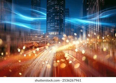 A cityscape at night with a busy highway illuminated by the headlights of passing vehicles.  Blue streaks of light flow through the scene.  The city's high rise buildings are partially visible in the 