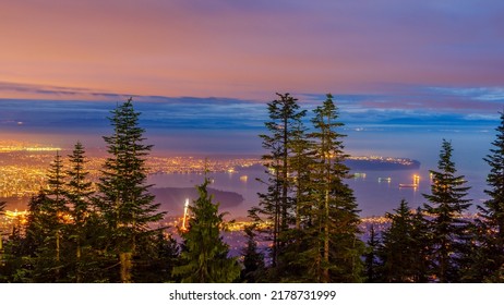 Cityscape Night. Evening Illumination In Vancouver, Canada. Aerial View.