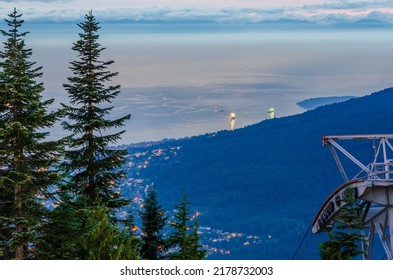 Cityscape Night. Evening Illumination In Vancouver, Canada. Aerial View.