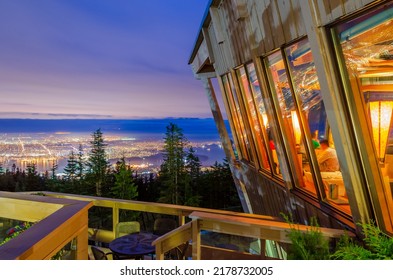 Cityscape Night. Evening Illumination In Vancouver, Canada. Aerial View.