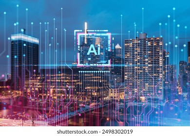 Cityscape at night with illuminated skyscrapers, overlaid with digital circuit graphics and AI text, futuristic technology concept - Powered by Shutterstock - Get 15% off with code: PIKWIZARD15