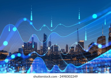 Cityscape at night overlaid with glowing, flowing lines and dots depicting data visualization, representing technology and data analysis concepts - Powered by Shutterstock