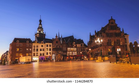 Cityscape of Nijmegen squre city center at dusk twilight, the netherlands
