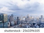 Cityscape of Osaka City in the evening from Umeda sky building tower, Osaka, Japan. Aerial view. In Cloudy day of autumn season.