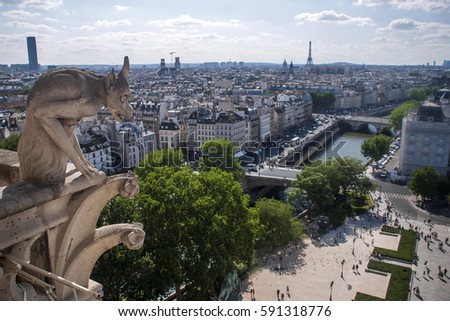 Cityscape photographed from the top of the Notre Dame Cathedral, with Gargoyles, in Paris, France