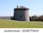 A cityscape of the Plains Abraham in Quebec city.  Ancient and old architecture and fortification. A view of the Martello tower one. Canada history and the Battlefield park, Landmark in Quebec city.