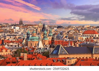 Cityscape of Prague sunset with St. Nicholas Church. Old Town in Prague city, Czech Republic.