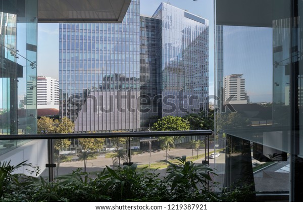 Cityscape Reflection Glass Windows Doors Futuristic Stock