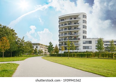 Cityscape Of A Residential Area With Modern Apartment Buildings, New Green Urban Landscape In The City