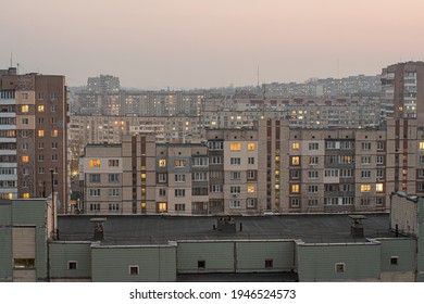 Cityscape of a residential area with Soviet high-rises at twilight. Obukhiv, Kyiv Oblast, Ukraine.