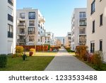 Cityscape with residential buildings in late autumn