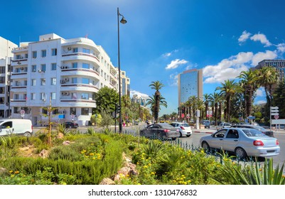 Cityscape With Road Traffic And Habib Bourguiba Avenue With Modern Buildings. Tunis, Tunisia, North Africa