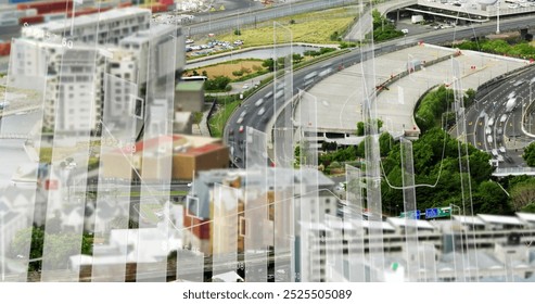 Cityscape with roads and buildings, data visualization image over urban infrastructure. technology, smart city, digital, network, connectivity, futuristic