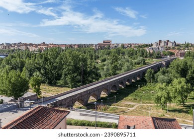 Cityscape , Puente romano o Puente Mayor del Tormes y piedra Verraco, Salamanca, España concepto de turismo monumental.