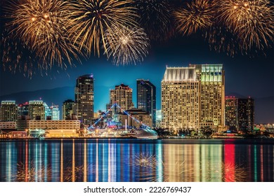 Cityscape of San Diego (California, USA) with fireworks