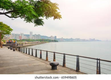 cityscape scene of public park in Taipei downtown at sunset, Tamsui, Taiwan