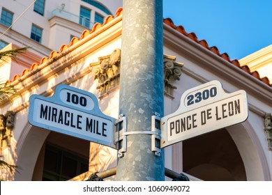 Cityscape sign view of the popular Miracle Mile in downtown Coral Gables, Florida.