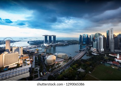 Cityscape Of Singapore City In The Daytime, Aerial View Singapore Skyline