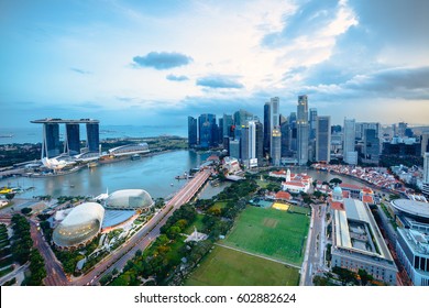 Cityscape Of Singapore City In The Daytime, Aerial View Singapore Skyline