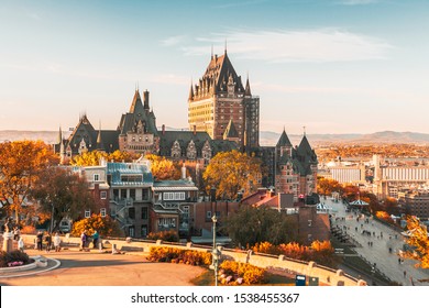 Cityscape or skyline of Chateau Frontenac, Dufferin Terrace and Saint Lawrence river at overlook in old town