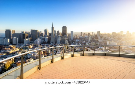 Cityscape And Skyline Of San Francisco At Sunrise On View From Empty Street