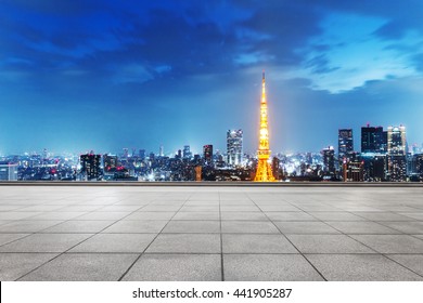 Cityscape And Skyline Of Tokyo At Twilight On View From Empty Street