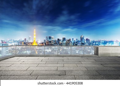 Cityscape And Skyline Of Tokyo At Twilight On View From Empty Street