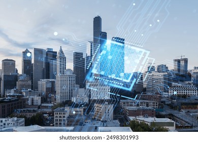 A cityscape with skyscrapers and buildings, featuring a digital overlay of a large microchip and circuit board, highlighting technology integration in urban environments, on a clear sky background