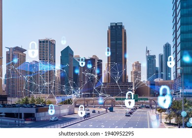 Cityscape skyscrapers of downtown, UAE. Modern skyline of the capital of the Emirate of Dubai. Cyber security concept. Double exposure. Lock icons net.