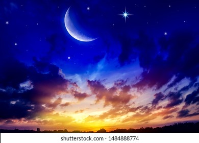 Cityscape Sunset. Crescent moon with beautiful sunset background . Generous Ramadan . Religion background  - Powered by Shutterstock