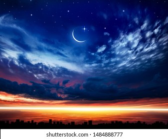 Cityscape Sunset. Crescent moon with beautiful sunset background . Generous Ramadan . Religion background  - Powered by Shutterstock