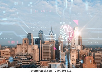 Cityscape with tall buildings and a digital fingerprint overlay with binary code. Concept of technology and urban security - Powered by Shutterstock - Get 15% off with code: PIKWIZARD15