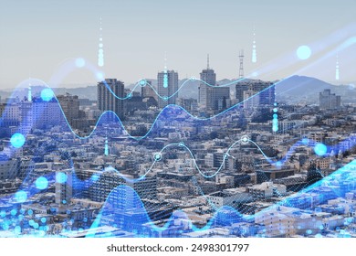 Cityscape with tall buildings and digital overlay of data visualization lines and dots in blue. Represents urban data analytics and technology advancement - Powered by Shutterstock