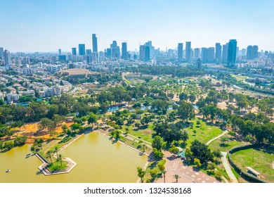 Cityscape of Tel Aviv viewed from TLV Balloon flying over Hayarkon park, Israel