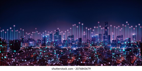 Cityscape, telecommunication  and communication network concept. Smart city and digital transformation. Big data connection technology.    - Shutterstock ID 2076843679