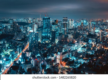 Cityscape Of Tokyo City Skyline At Night In Japan, Cyberpunk Color Style