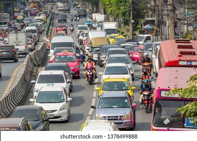 Cityscape Traffic On Petchaburi Rd., Is A Business Area, Dust, Noisy, Air Pollution From Construction And Transportation Traffic Jams Its Problem Of Peoples Life Being In Bangkok,Thailand-April 5,2019