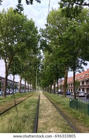 Cityscape of tramrail on the longest street of The Netherlands. Laan van Meerdervoort, The Hague. Stock photo © 