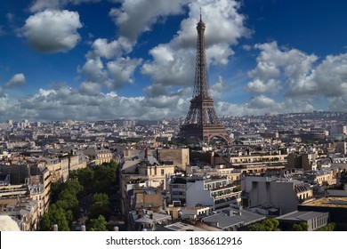 Cityscape Of Tree-lined Boulevards And The Eifel Tower In Paris, France, Seen From The Top Of The Arc De Triiomphe