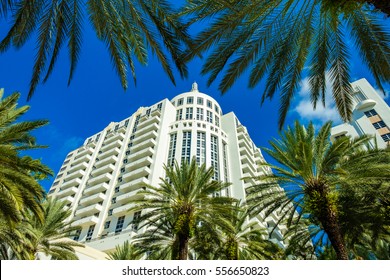 Cityscape View Of Beautiful Miami Beach With Palm Trees And Art Deco Architecture.