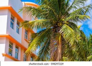 Cityscape View Of Beautiful Miami Beach With Palm Trees And Art Deco Architecture.