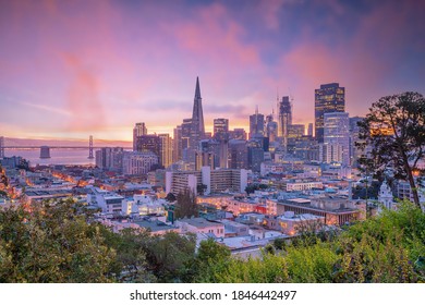 Cityscape view of  business center in downtown San Francisco at sunset, USA - Shutterstock ID 1846442497