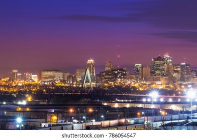 Cityscape view of the Kansas City, Missouri skyline with the Kit Bond Bridge as part of the scene
