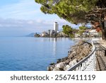 Cityscape view of Montreux Switzerland as seen from the waterfront riviera walkway in Veytaux