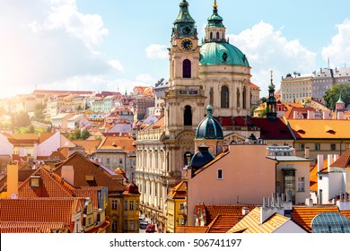 Cityscape view on the lesser town with saint Nicholas church in Prague city