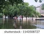 Cityscape view of street lamps, road signs & green trees under a muddy water in the street with buildings, due to the swelling of Seine river, during the flood in spring in Paris, France, Europe.