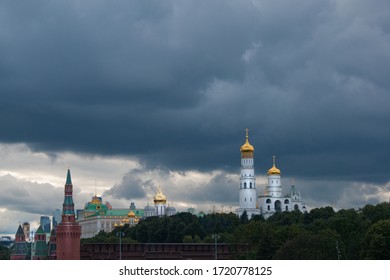 The Cityscape Is A View Of Summer Moscow. City, Buildings, Houses, Architecture, Gothic. Blue Skies In Heavy Rain Clouds, Before The Rain. Overcast. Cool